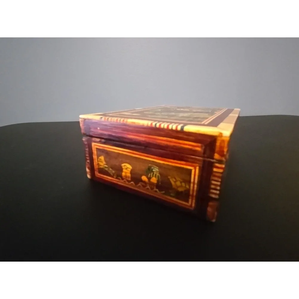 Vintage Hinged Wood‎ Box Mother Of Pearl Carved Egyptian theme 2